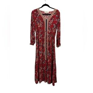Haley London Chic Long Sleeve Floral Red Dress Bohemian Cottagecore Size Medium